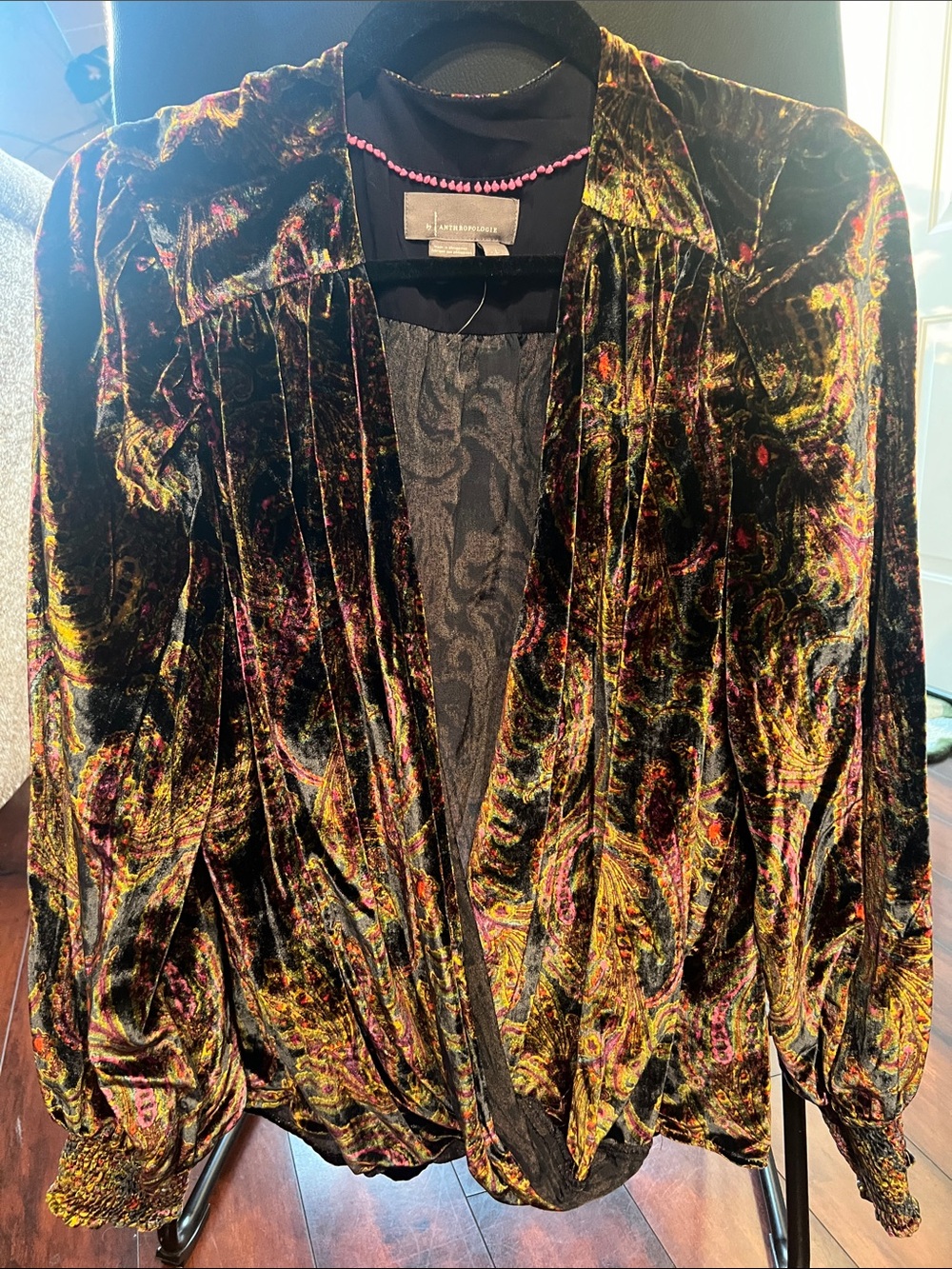 Anthropologie Velvet Paisley Open-Front Blouse in Black, Gold, Pink
